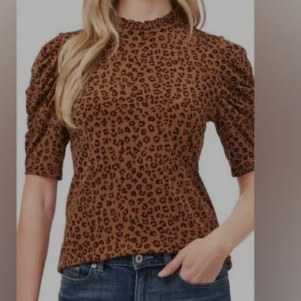 CeCe Ruffle Neck Puff Sleeve Blouse Mobwife Romantic Brown Leopard Print Medium